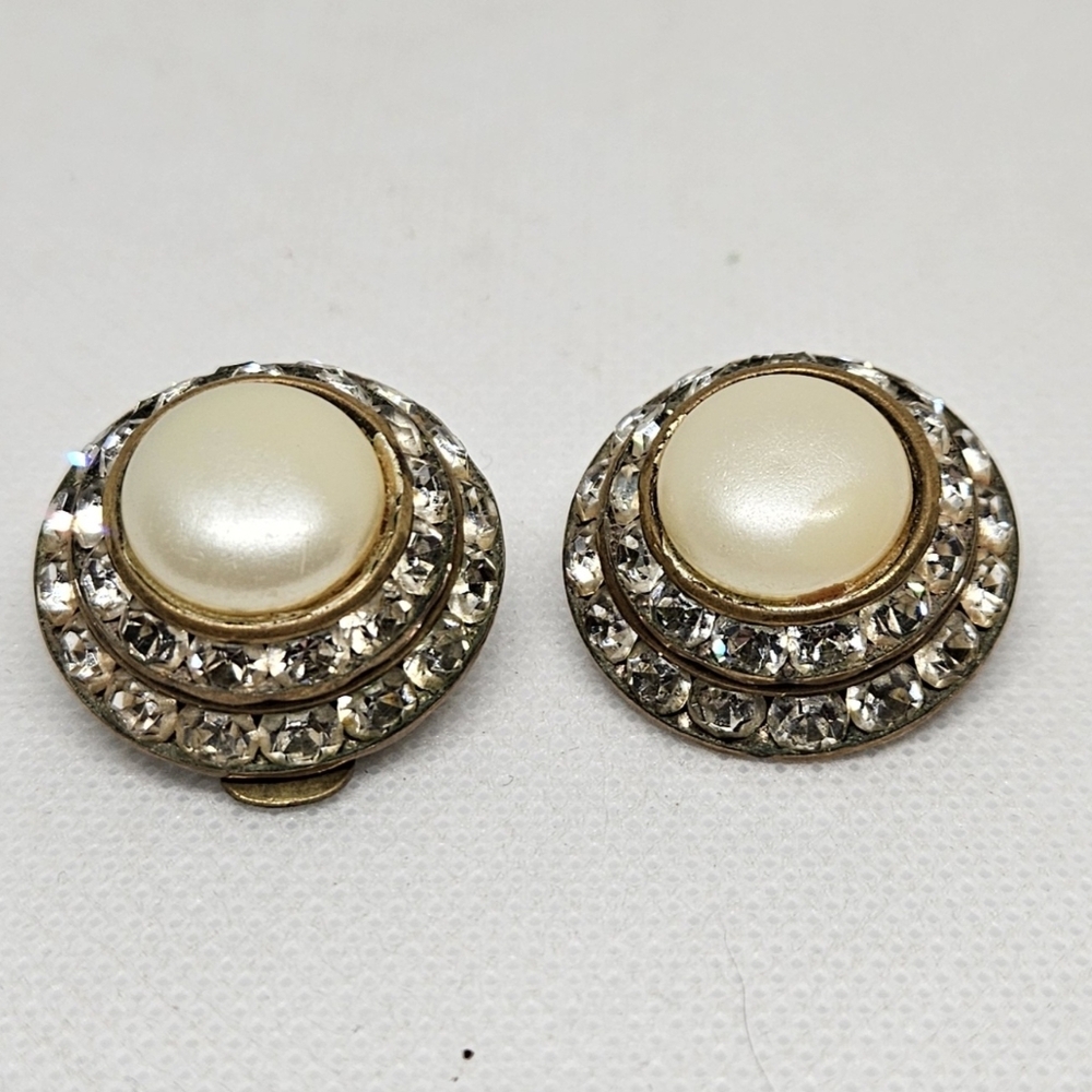 Vintage Clip On Earrings W Germany Faux Pearl Rhinestone Jewelry